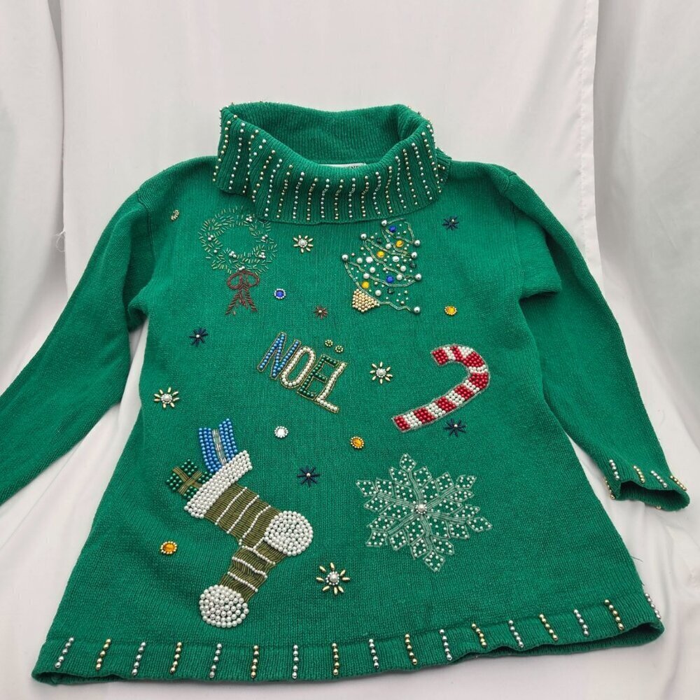 ✨ VINTAGE Victoria Jones Beaded "NOEL" Turtleneck Christmas Storybook Sweater  L